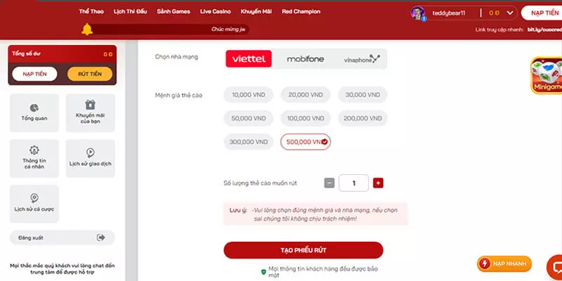 Phương thức dùng thẻ cào rút tiền